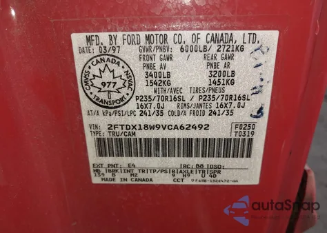 1997 Ford F-150 Lariat/Xl/Xlt z USA, uszkodzony, nr VIN 2FTDX18W9VCA62492